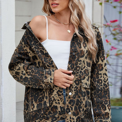 Leopard Button Up Drop Shoulder Denim Jacket