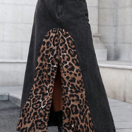 Slit Leopard Midi Denim Skirt