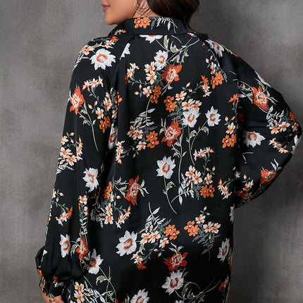 Plus Size Printed Johnny Collar Long Sleeve Blouse