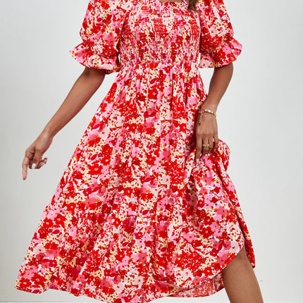 Smocked Floral Square Neck Short Sleeve Dress