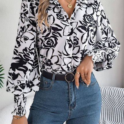 Printed Collared Neck Lantern Sleeve Shirt