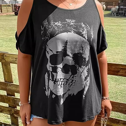 Plus Size Skeleton Graphic Round Neck Cold Shoulder T-Shirt