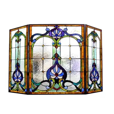 Tiffany-glass Victorian 3pcs Folding Fireplace Screen