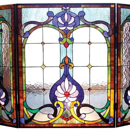 Tiffany-glass Victorian 3pcs Folding Fireplace Screen