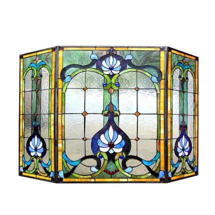 Pantalla de chimenea plegable victoriana de cristal Tiffany de 3 piezas