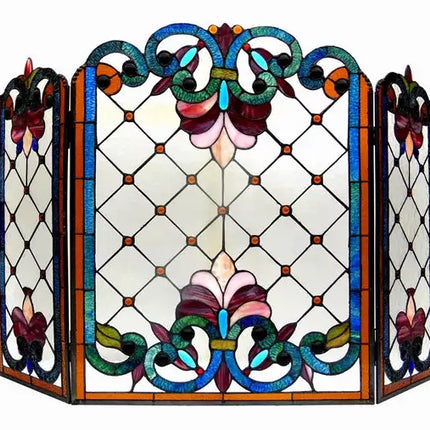 Tiffany-glass Victorian 3pcs Folding Fireplace Screen