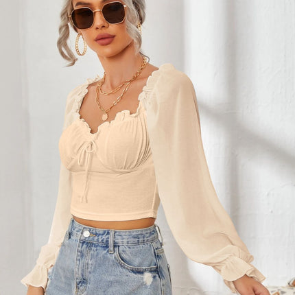 Mesh Sweetheart Neck Flounce Sleeve Top