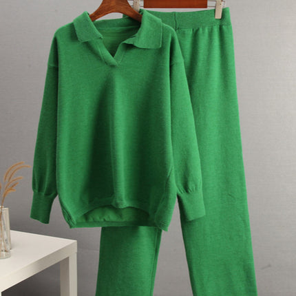 Johnny Collar Long Sleeve Top and Pants Sweater Set