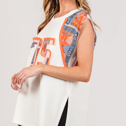 SAGE + FIG Patch Print Side Slit Sleeveless Top