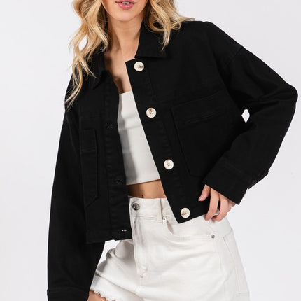 bytos Button Down Cropped Denim Jacket with Patch Pockets