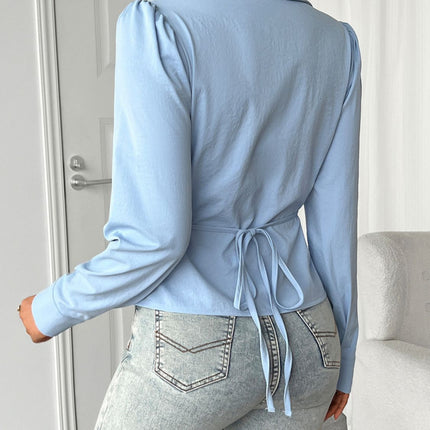 Devine Ruched Collared Neck Long Sleeve Shirt