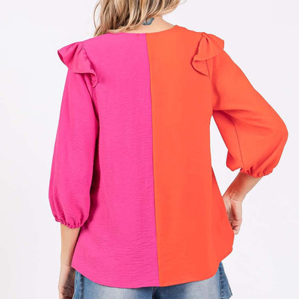 GeeGee Full Size Ruffle Trim Contrast Blouse