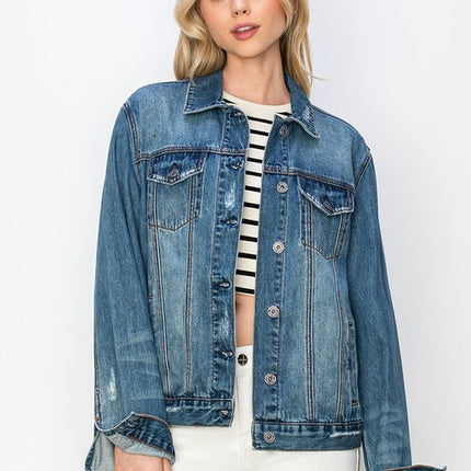 RISEN Full Size Distressed Button Up Jacket