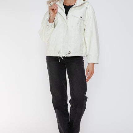 How Dare U Drawstring Hem PU Leather Zip Up Jacket