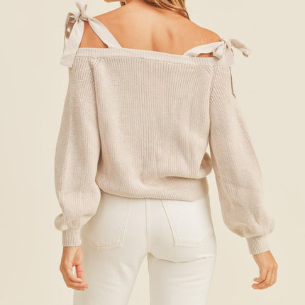 MABLE Off Shoulder Self Tie Strap Button Down Sweater