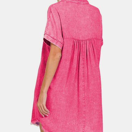 Zenana Washed Linen V-Neck Raw Hem Dress