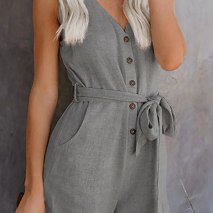 Full Size Tied V-Neck Sleeveless Romper with Pockets