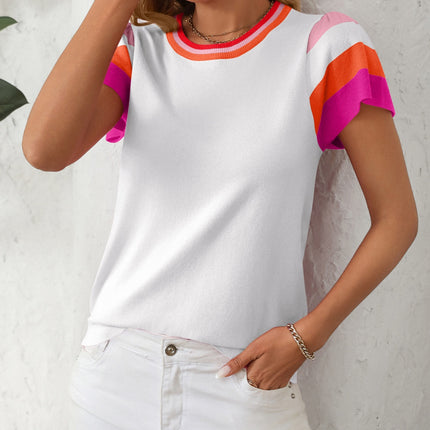 Mandy Contrast Round Neck Short Sleeve Knit Top