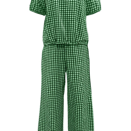 Full Size Plaid Round Neck Half Sleeve Top and Pants Set