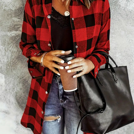 Plaid Collared Neck Snap Down Long Sleeve Jacket