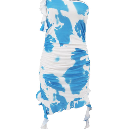 Ruffled Tie-Dye Single Shoulder Mini Dress