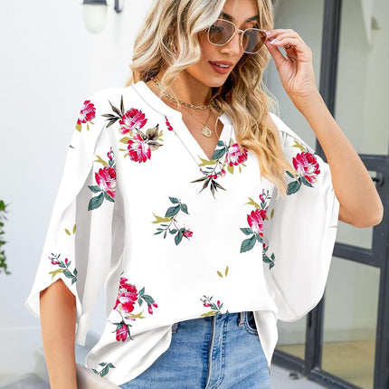 Printed Notched Half Sleeve Blouse