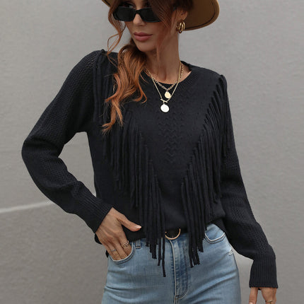 Double Take Fringe Detail Ribbed Trim Sweater