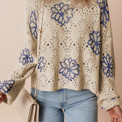 Openwork Round Neck Long Sleeve Knit Top