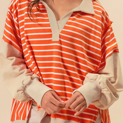 Striped Johnny Collar Long Sleeve Sweatshirt - Vickie Lynn's