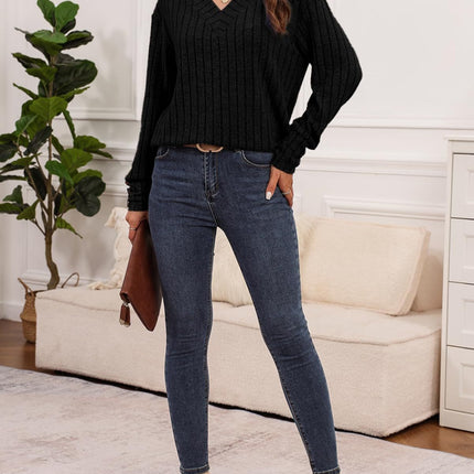 Ribbed V-Neck Long Sleeve T-Shirt