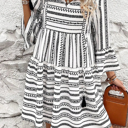 Printed Tie Neck Three-Quarter Sleeve Mini Dress