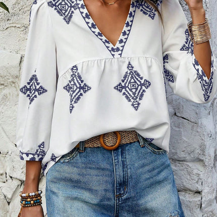 Printed V-Neck Three-Quarter Sleeve Blouse