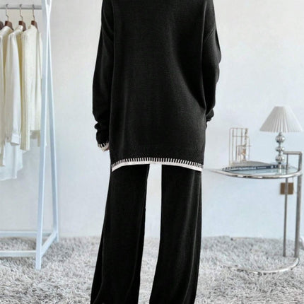 Side Slit Contrast Trim Round Neck Top and Pants Sweater Set