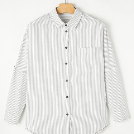 Pocketed Striped Collared Neck Long Sleeve Shirt