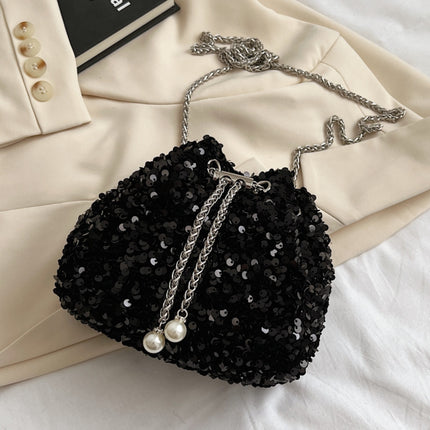 Sequin Chain Drawstring Bucket Bag