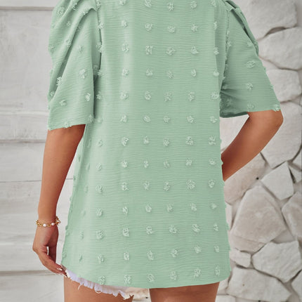 Swiss Dot Round Neck Short Sleeve Blouse