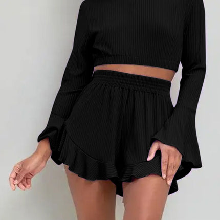 Round Neck Long Sleeve Top and Ruffled Shorts Set