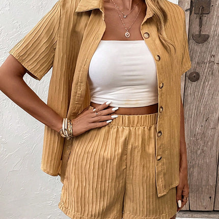 Textured Button Up Shirt and Shorts Set