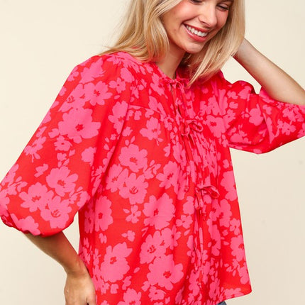 Haptics Full Size Ribbon Bow Floral Balloon Sleeve Blouse