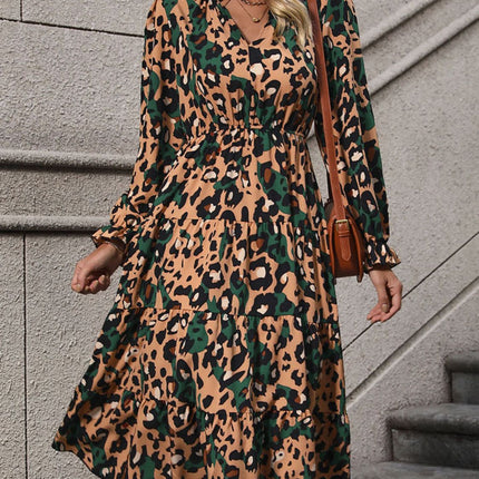 Leopard Notched Flounce Sleeve Midi Dress