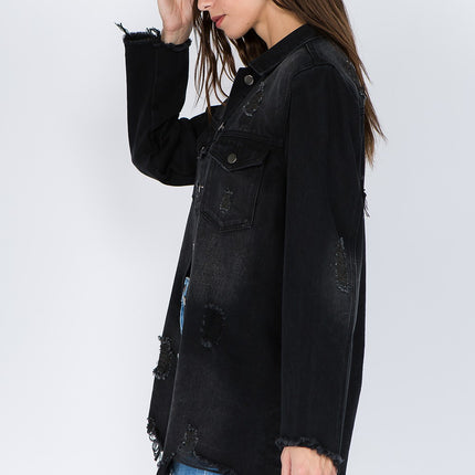 American Bazi Distressed Frayed Hem Denim Jacket