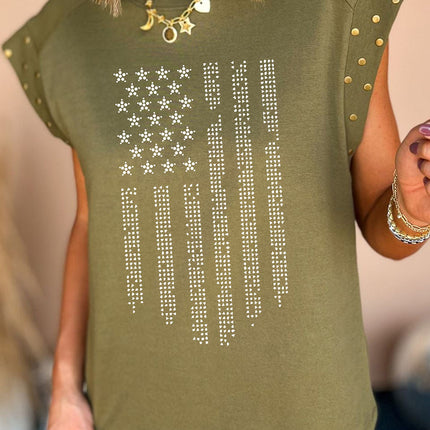 Rhinestone US Flag Round Neck Cap Sleeve T-Shirt