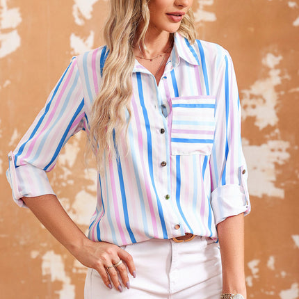 Double Take Striped Long Sleeve Collared Shirt