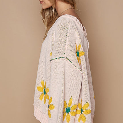 POL V-Neck Floral Pattern Chenille Sweater