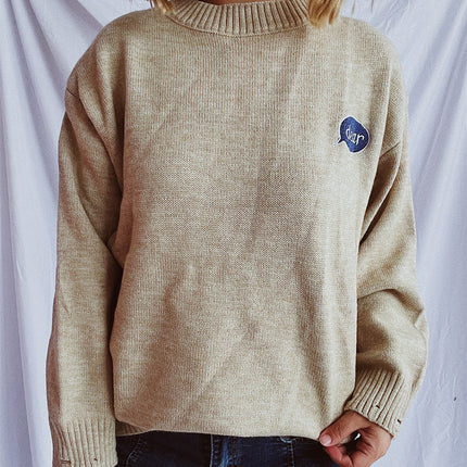 Embroidered Round Neck Dropped Shoulder Sweater