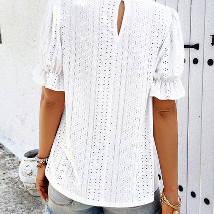 Eyelet Mock Neck Flounce Sleeve Blouse