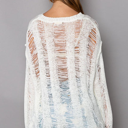 POL Distressed Round Neck Long Sleeve Knit Cover Up