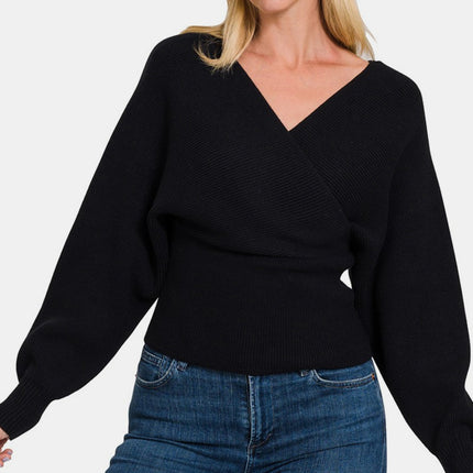 Zenana Cross Wrap Rib Long Sleeve Sweater