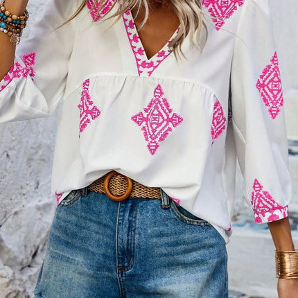 Printed V-Neck Three-Quarter Sleeve Blouse