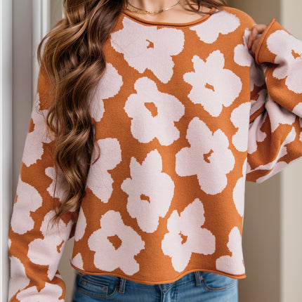 Flower Round Neck Long Sleeve Knit Top